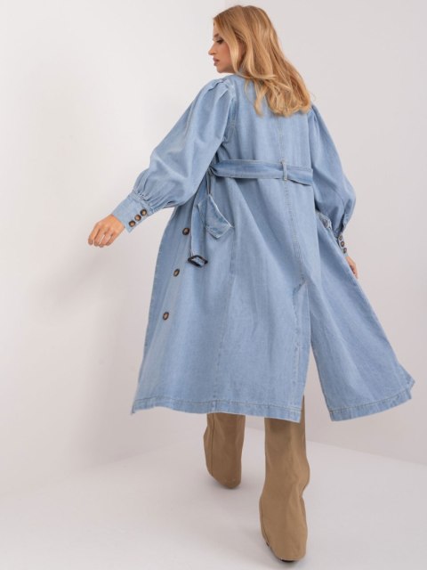 Jasnoniebieski Jeansowy Płaszcz Trencz z Bufiastymi Rękawami
