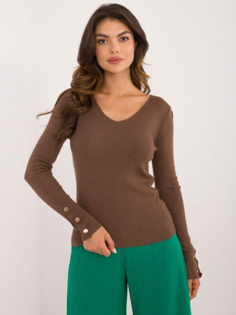 Brązowy Dopasowany Sweter Klasyczny z Wiskozą i Guzikami