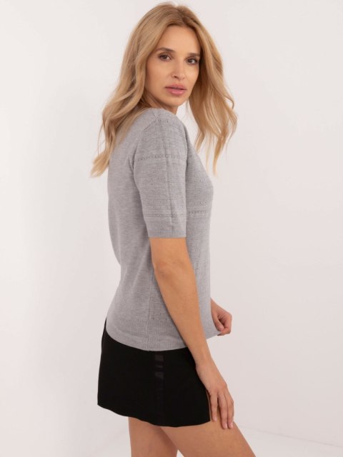 Szary Klasyczny Sweter z Ażurowym Wzorem