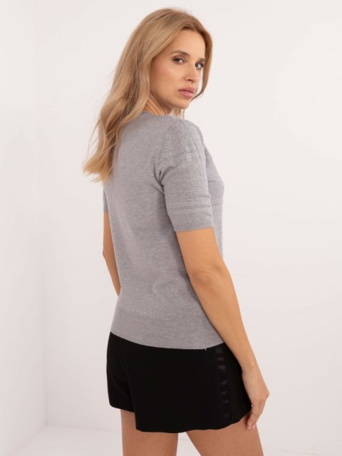 Szary Klasyczny Sweter z Ażurowym Wzorem