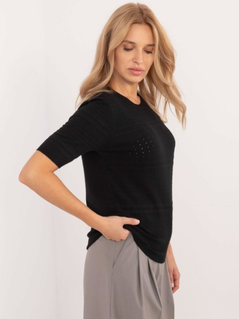 Czarny Klasyczny Sweter z Ażurowym Wzorem