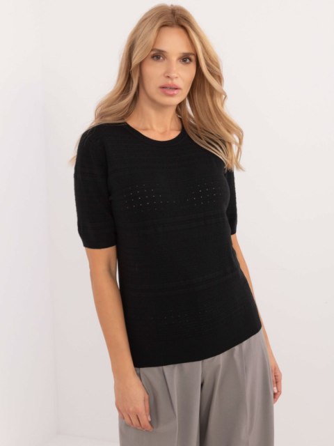 Czarny Klasyczny Sweter z Ażurowym Wzorem