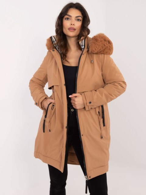 Camelowa Zimowa Kurtka Parka z Futerkiem