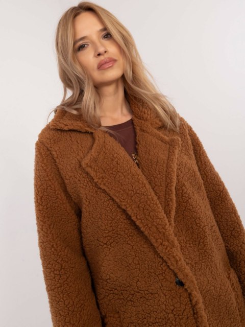 Jasnobrązowy Płaszcz Typu Baranek z Kieszeniami DHJ-PL-19991.86