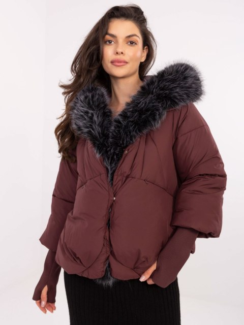 Bordowa zimowa kurtka damska z kapturem i odpinanym futerkiem