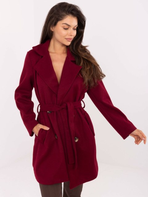 Klasyczny bordowy płaszcz damski z kołnierzem