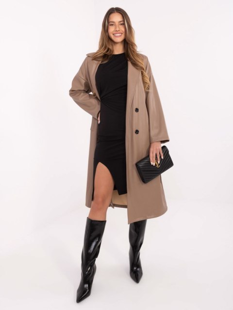 Ciemno beżowy Długi Płaszcz z Ekoskóry