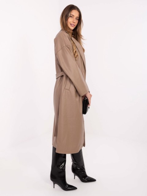 Ciemno beżowy Długi Płaszcz z Ekoskóry