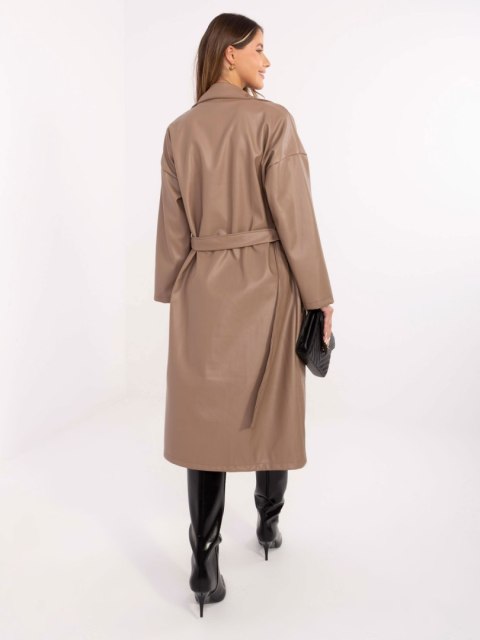 Ciemno beżowy Długi Płaszcz z Ekoskóry