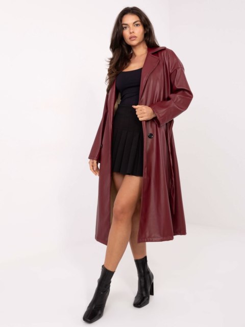 Bordowy Długi Płaszcz z Ekoskóry