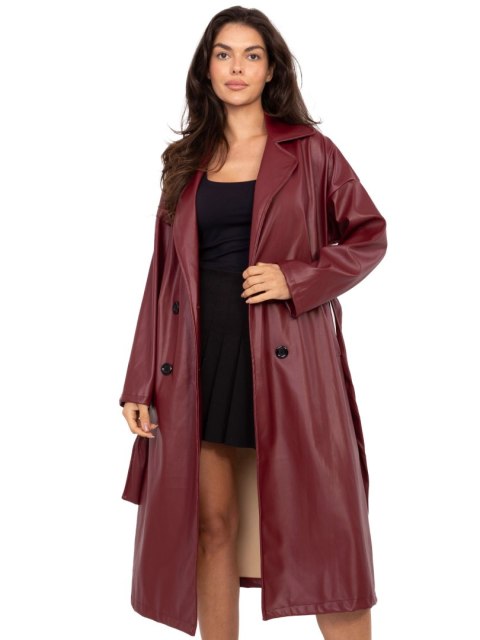 Bordowy Długi Płaszcz z Ekoskóry