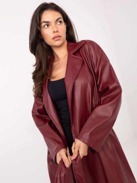 Bordowy Długi Płaszcz z Ekoskóry
