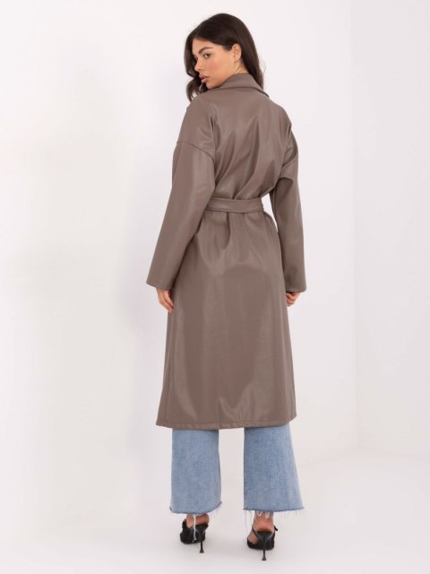 Szaro-Beżowy Długi Płaszcz z Ekoskóry