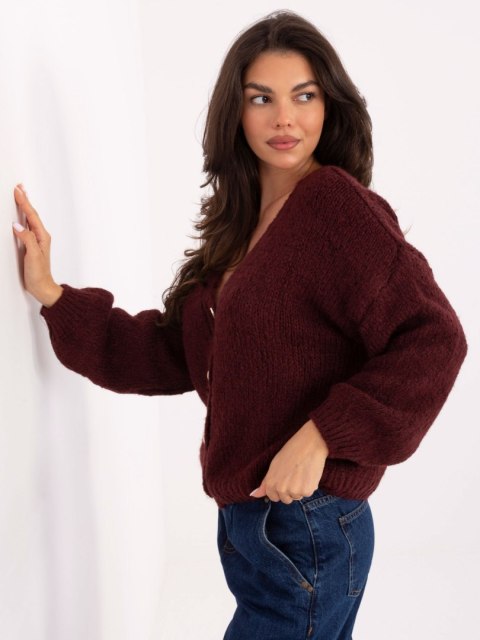 Bordowy Rozpinany Sweter Oversize z Domieszką Wełny