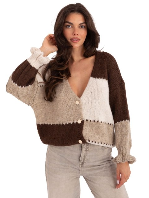 Rozpinany Sweter Oversize w Paski z Falbaną brązowy