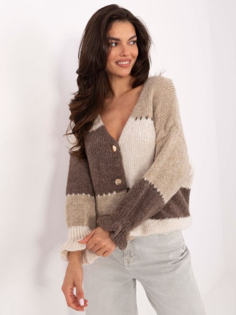 Rozpinany Sweter Oversize w Paski z Falbaną beżowy