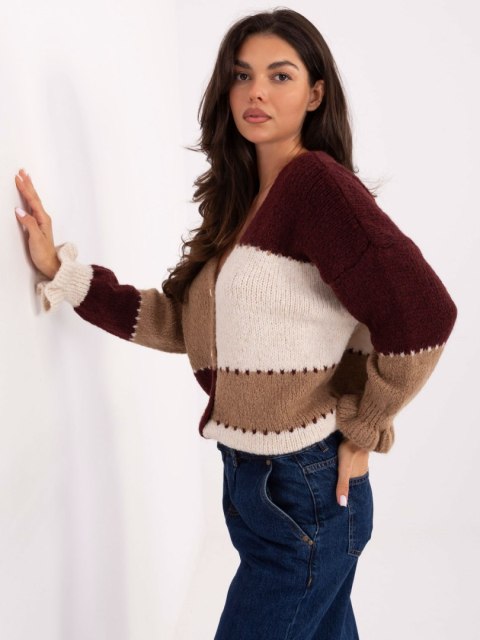 Rozpinany Sweter Oversize w Paski z Falbaną bordowy