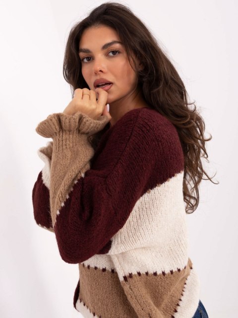 Rozpinany Sweter Oversize w Paski z Falbaną bordowy