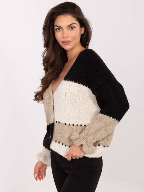 Rozpinany Sweter Oversize w Paski z Falbaną Czarny