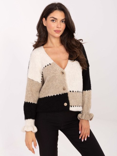 Rozpinany Sweter Oversize w Paski z Falbaną Czarny