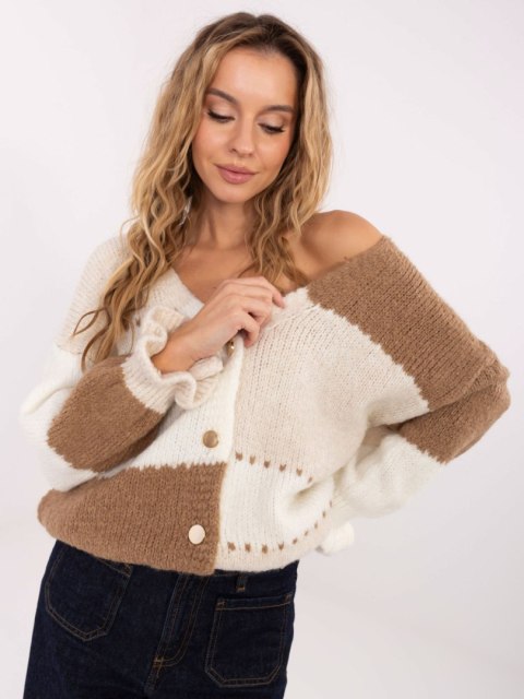 Rozpinany Sweter Oversize w Paski z Falbaną Camelowy