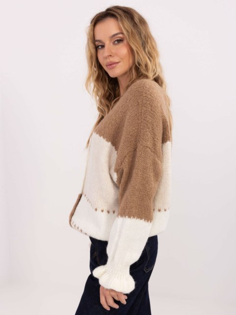 Rozpinany Sweter Oversize w Paski z Falbaną Camelowy