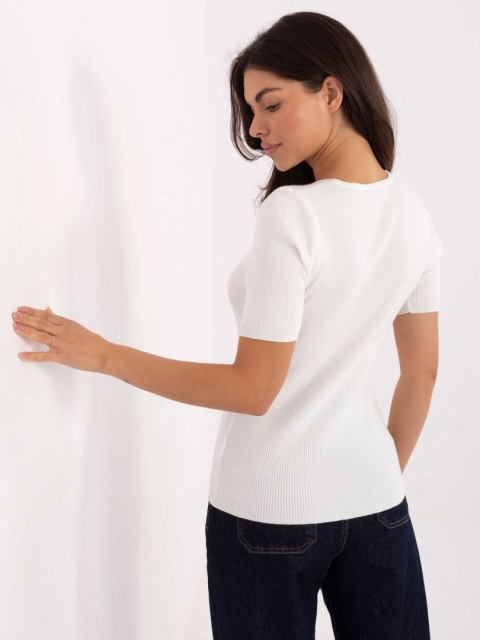 Ecru Prążkowany Sweter z Dekoltem V