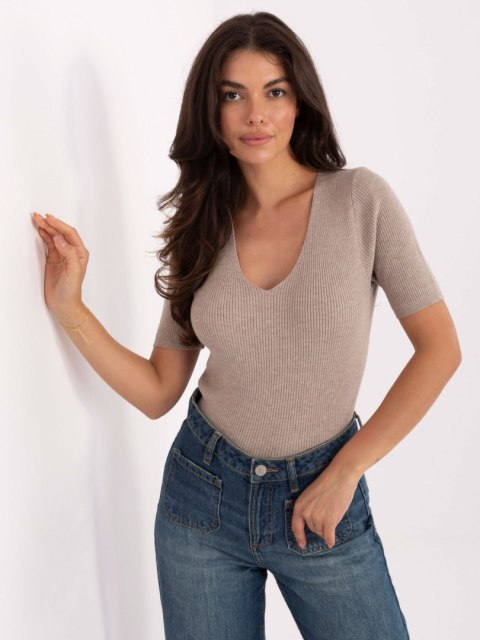 Ciemno beżowy Prążkowany Sweter z Dekoltem V