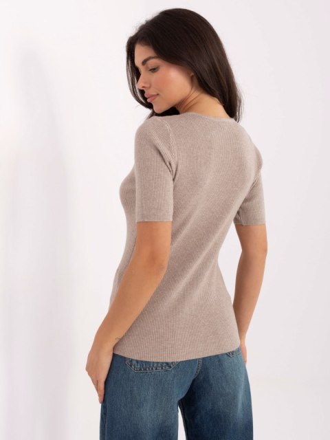 Ciemno beżowy Prążkowany Sweter z Dekoltem V