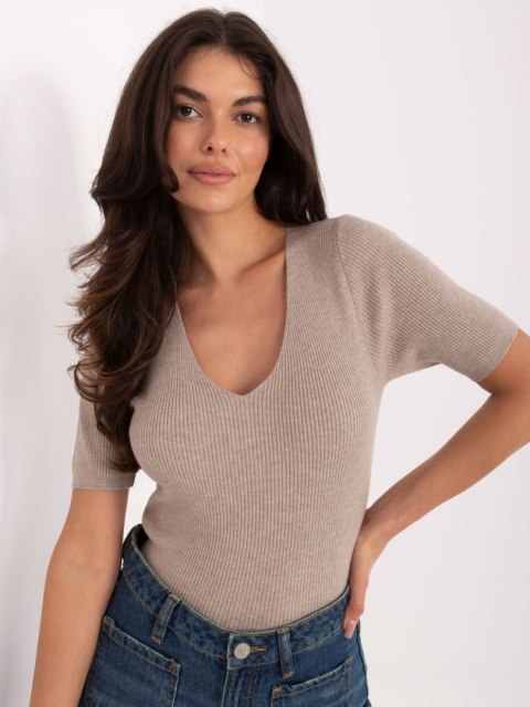 Ciemno beżowy Prążkowany Sweter z Dekoltem V