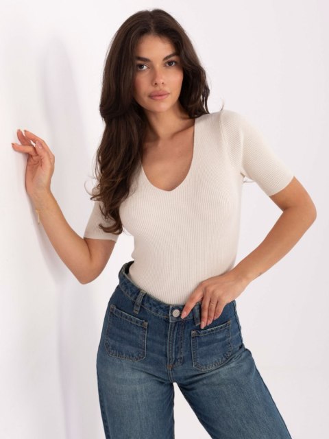 Beżowy Prążkowany Sweter z Dekoltem V