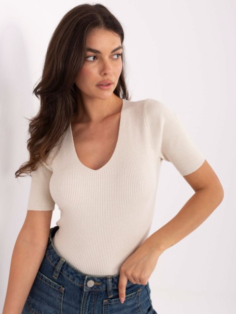 Beżowy Prążkowany Sweter z Dekoltem V