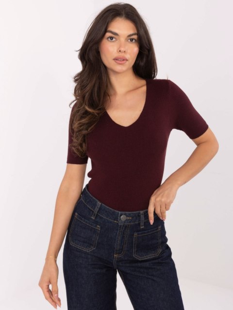 Ecru Prążkowany Sweter z Dekoltem V PM-SW-B-627.63