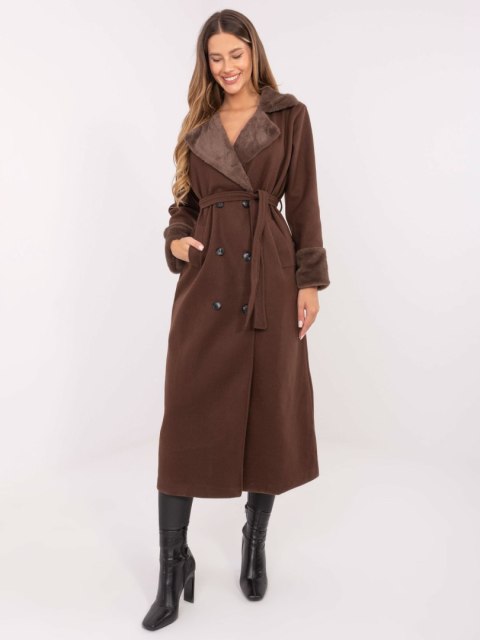 Brązowy Dwurzędowy Płaszcz z Kołnierzem