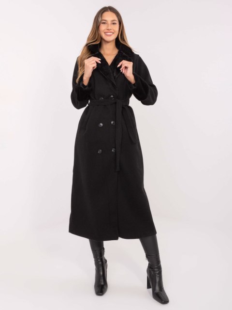 Czarny Dwurzędowy Płaszcz z Kołnierzem