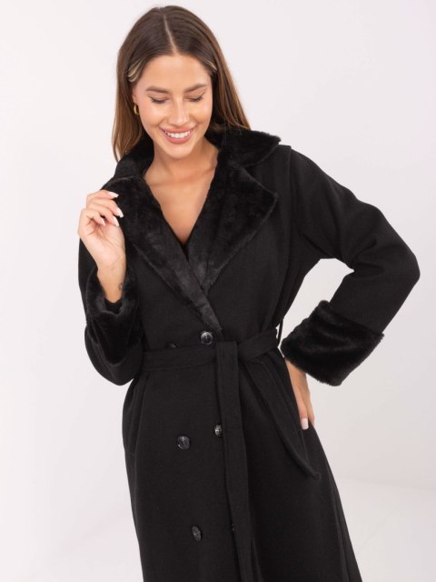 Czarny Dwurzędowy Płaszcz z Kołnierzem