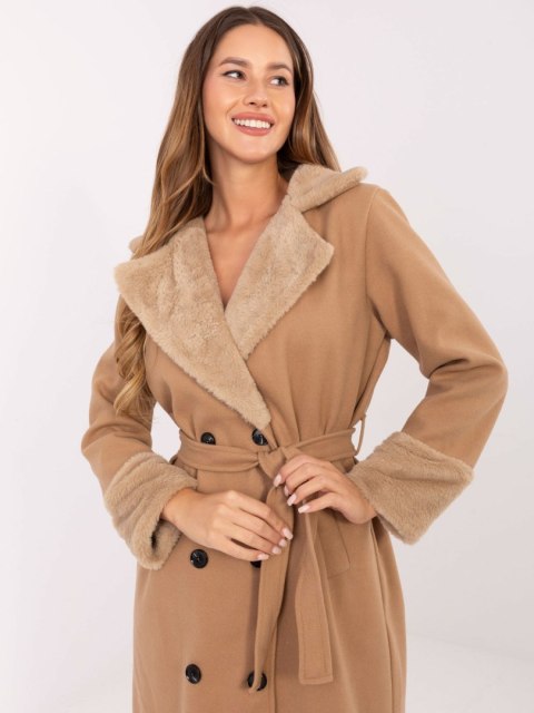 Camelowy Dwurzędowy Płaszcz z Kołnierzem