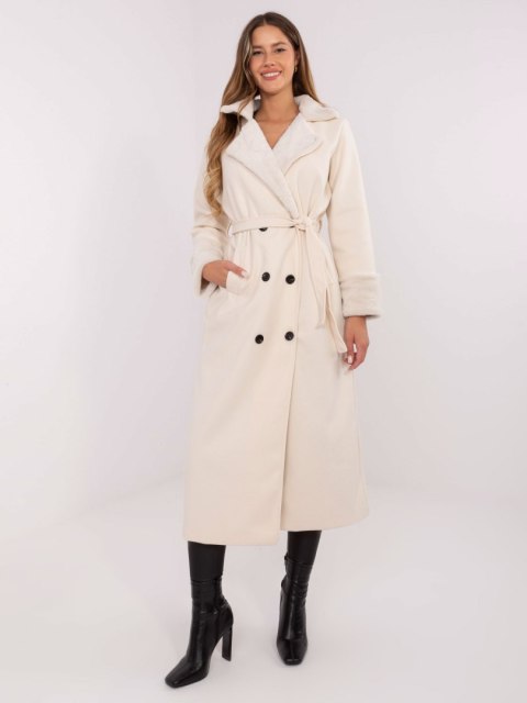 Ecru Dwurzędowy Płaszcz z Kołnierzem