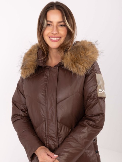Brązowa Pikowana Kurtka Zimowa Damska z Kapturem