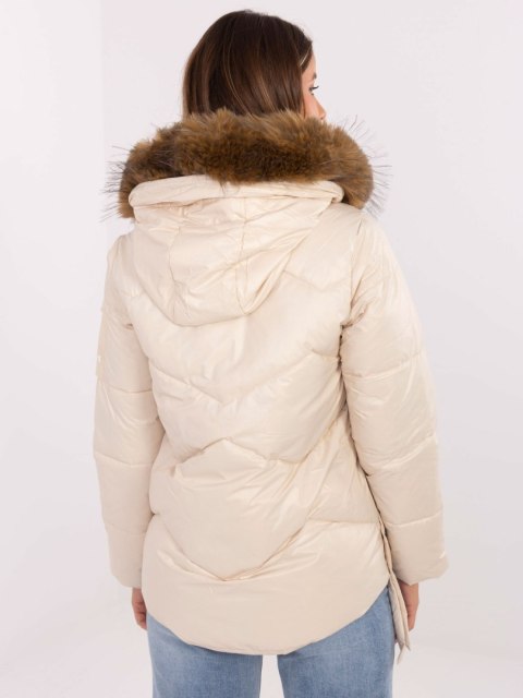Jasno Beżowa Pikowana Kurtka Zimowa Damska z Kapturem