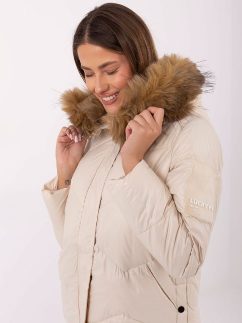 Jasno Beżowa Pikowana Kurtka Zimowa Damska z Kapturem