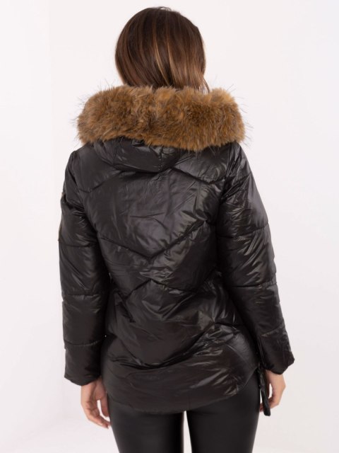 Czarna Pikowana Kurtka Zimowa Damska z Kapturem