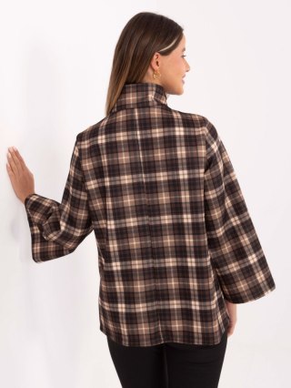 Ciemnobrązowo-Camelowy Płaszcz w Kratę ze Stójką IT-PL-31820-1.26