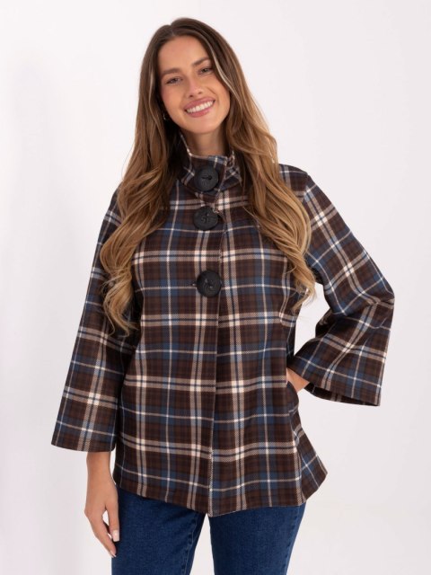 Ciemnobrązowo-Niebieski Płaszcz w Kratę ze Stójką