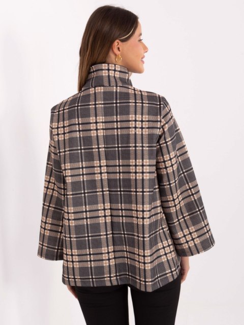 Jasnobeżowo-Czarny Krótki Płaszcz w Kratę ze Stójką