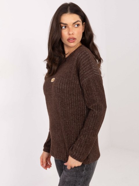 Brązowy Prążkowany Sweter z Okrągłym Dekoltem