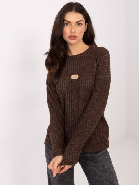Brązowy Prążkowany Sweter z Okrągłym Dekoltem
