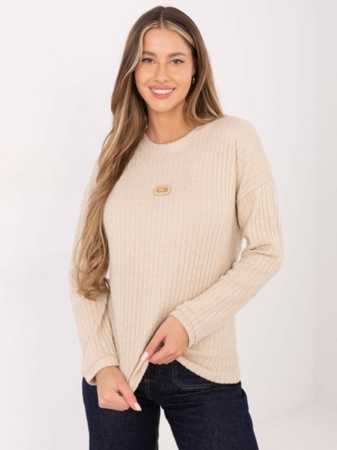 Beżowy Prążkowany Sweter z Okrągłym Dekoltem