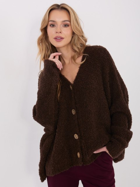 Ciemno brązowy Sweter Boucle z Ozdobnymi Guzikami