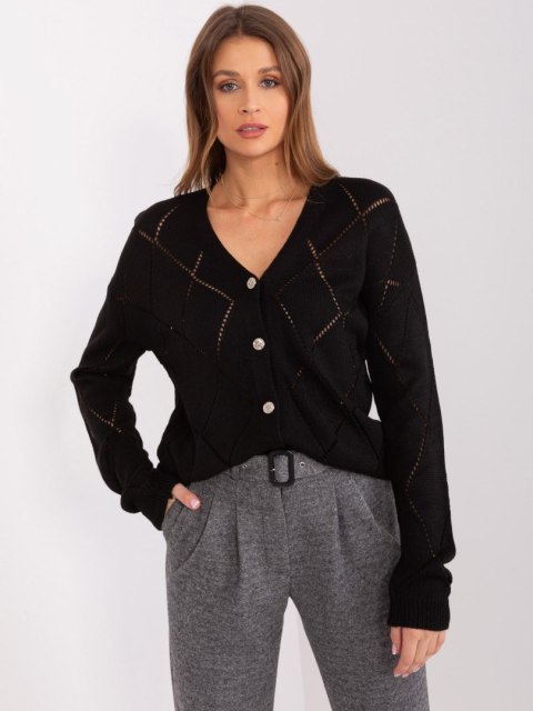 Czarny Rozpinany Sweter Ażurowy Oversize z Wełną